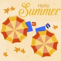 Hello summer, summer illustration with beach umbrellas and beach slippers on the sand Royalty Free Stock Photo